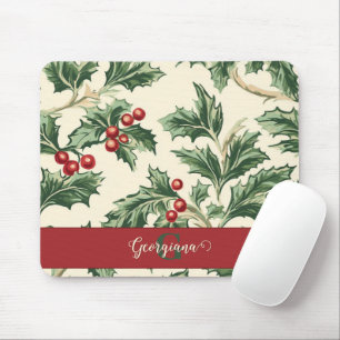 Monogram Vintage Christmas Holly & Berries Pattern Mouse Mat