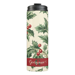 Monogram Vintage Christmas Holly & Berries Pattern Thermal Tumbler