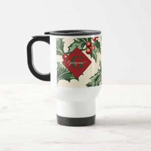 Monogram Vintage Christmas Holly & Berries Pattern Travel Mug