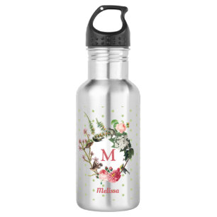 Monogram Vintage Floral & Bird Wreath Polka Dots 532 Ml Water Bottle