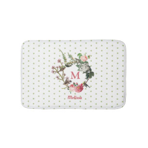 Monogram Vintage Floral & Bird Wreath Polka Dots Bath Mat