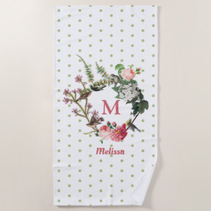 Monogram Vintage Floral & Bird Wreath Polka Dots Beach Towel