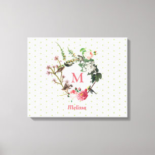 Monogram Vintage Floral & Bird Wreath Polka Dots Canvas Print