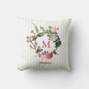 Monogram Vintage Floral & Bird Wreath Polka Dots Cushion