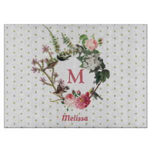 Monogram Vintage Floral & Bird Wreath Polka Dots Cutting Board