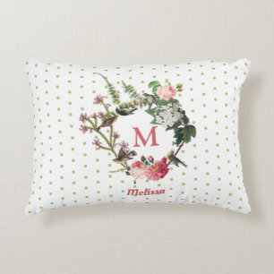Monogram Vintage Floral & Bird Wreath Polka Dots Decorative Cushion