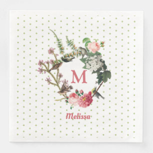 Monogram Vintage Floral & Bird Wreath Polka Dots Napkin