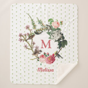 Monogram Vintage Floral & Bird Wreath Polka Dots Sherpa Blanket