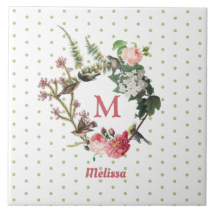 Monogram Vintage Floral & Bird Wreath Polka Dots Tile