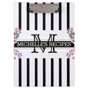 Monogram Vintage Floral Black Stripes Clipboard