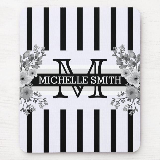 Monogram Vintage Floral Black Stripes Mouse Mat (Front)