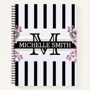 Monogram Vintage Floral Black Stripes Notebook