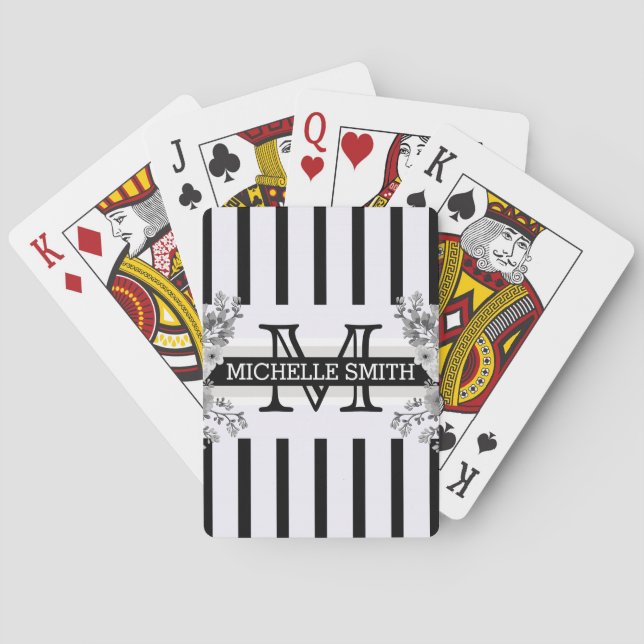 Monogram Vintage Floral Black Stripes Playing Cards (Back)