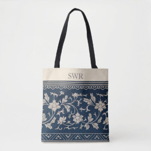Monogram Vintage Floral Chinoiserie Ivory Tote Bag