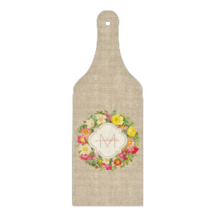Monogram Vintage Floral Wreath Linen Cutting Board