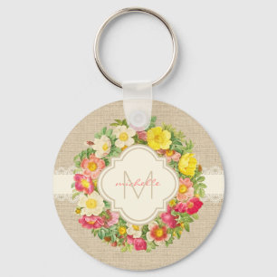 Monogram Vintage Floral Wreath Linen Lace Keychain