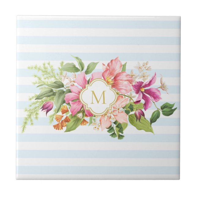 Monogram Vintage Flowers Pink Pastel Ceramic Tile (Front)