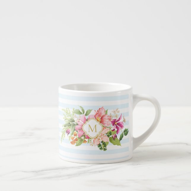 Monogram Vintage Flowers Pink Pastel Espresso Mug (Right)