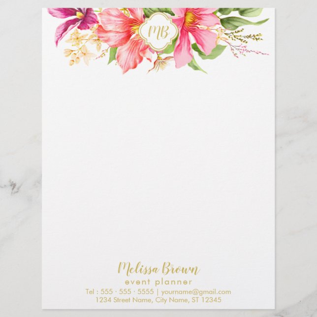 Monogram Vintage Flowers Pink Pastel Letterhead (Front)