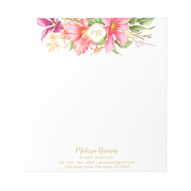 Monogram Vintage Flowers Pink Pastel Small Notepad (Front)