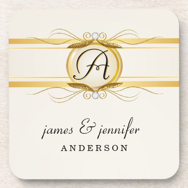 Monogram Vintage Gold White Coaster Set (Front)