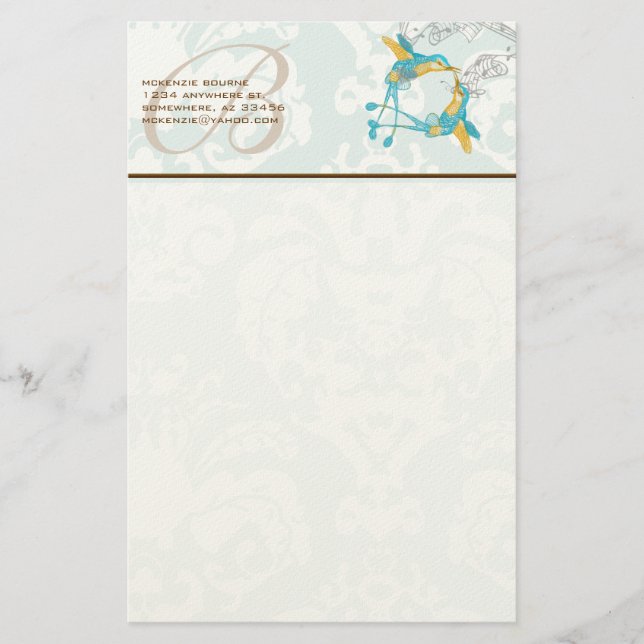 Monogram Vintage Hummingbirds Branch Stationery (Front)