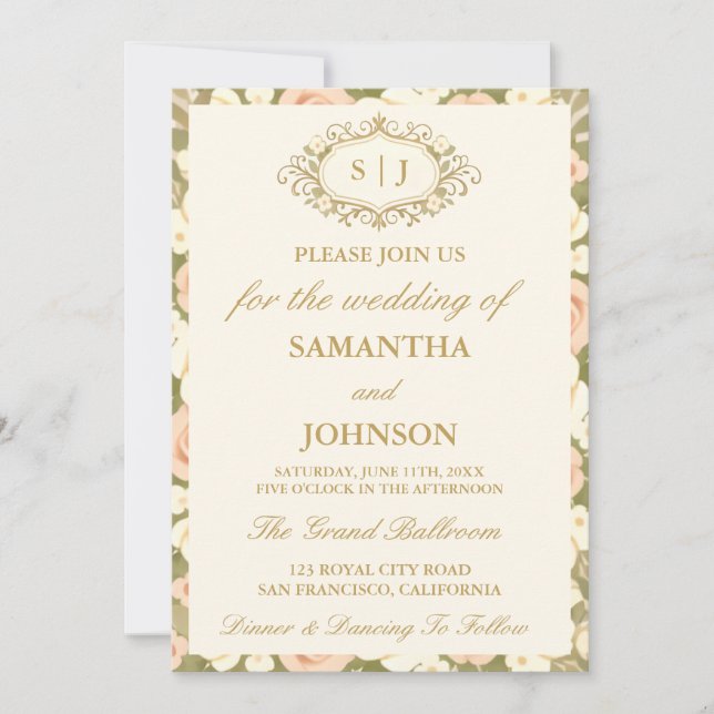 Monogram Vintage Ivory Photo Wedding Invitation (Front)