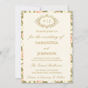 Monogram Vintage Ivory Wedding Invitation