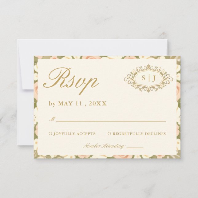 Monogram Vintage Ivory Wedding RSVP Card (Front)