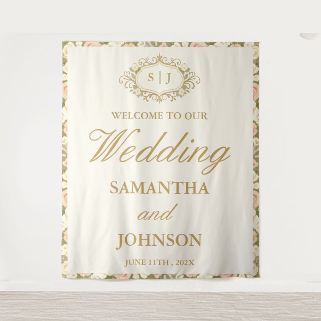 Monogram Vintage Ivory Wedding Welcome Backdrop Tapestry (Front)