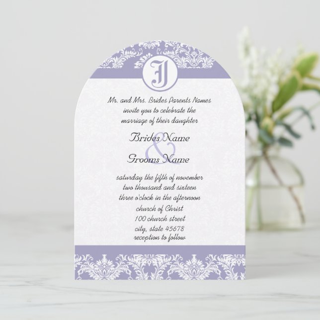 Monogram Vintage Lavender Damask Photo Wedding Invitation (Standing Front)