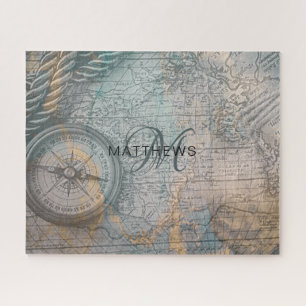 Monogram Vintage Map Compass Jigsaw Puzzle
