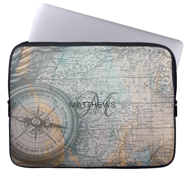 Monogram Vintage Map Compass Laptop Sleeve (Front)