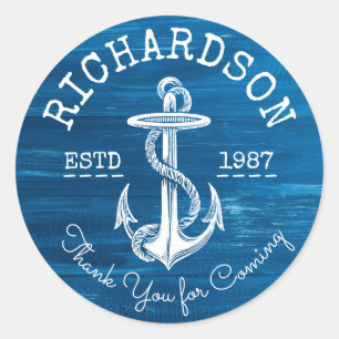 Monogram Vintage Nautical Anchor Blue Painted Wood Classic Round Sticker