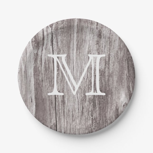 Monogram Vintage Old Wood Background Paper Plate (Front)