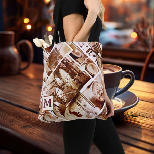 Monogram Vintage Paris Coffee Watercolor Collage Tote Bag