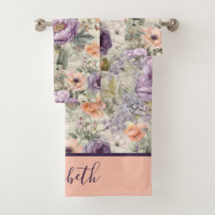 Monogram Vintage Peach Purple Floral Shabby Chic Bath Towel Set