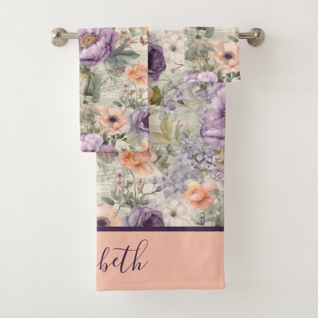 Monogram Vintage Peach Purple Floral Shabby Chic Bath Towel Set (Insitu)