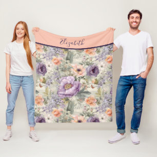 Monogram Vintage Peach Purple Floral Shabby Chic Fleece Blanket