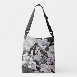 Monogram Vintage pink blossoms on a branch Crossbody Bag
