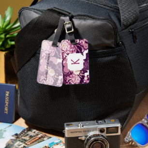 Monogram Vintage Pink purple flowers and birds Luggage Tag