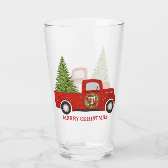 Monogram Vintage Red Truck with Christmas Tree Glass (Front)