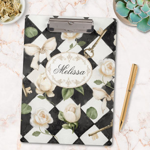 Monogram Vintage Rose Flowers Black White Diamond Clipboard