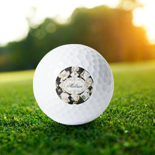 Monogram Vintage Rose Flowers Black White Diamond Golf Balls