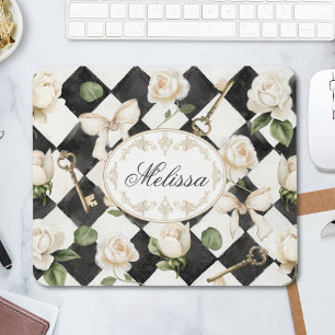 Monogram Vintage Rose Flowers Black White Diamond Mouse Mat