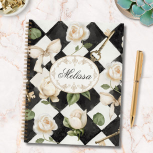 Monogram Vintage Rose Flowers Black White Diamond Notebook