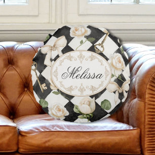 Monogram Vintage Rose Flowers Black White Diamond Round Cushion