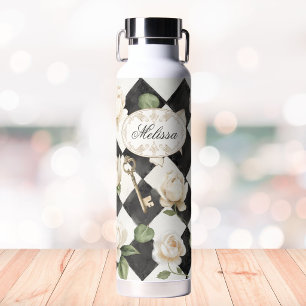 Monogram Vintage Rose Flowers Black White Diamond Water Bottle