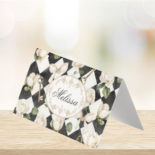 Monogram Vintage Rose Flowers Black White Folded Business Card