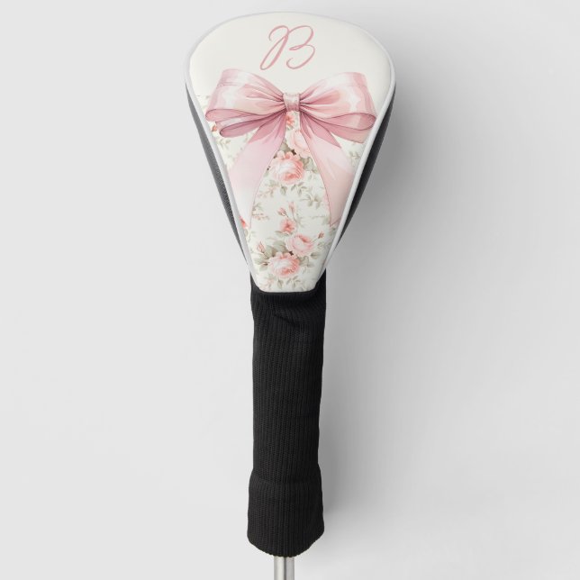 Monogram Vintage Roses Pink Bow Golf Head Cover (Front)
